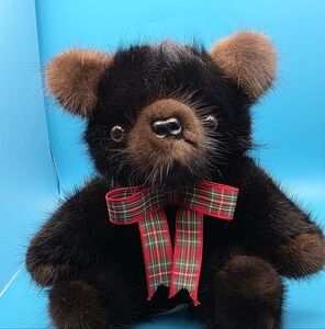 Plush Black and Brown Teddy Bear with Red Bow Mink Hair Real Vintage Rare
